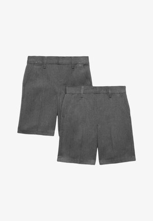 To par mørkegrå shorts uden mønster med bæltestropper og sidelommer, vist fladt forfra og bagfra.