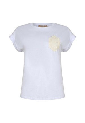 T-shirt bianco a maniche corte con un design floreale beige testurizzato nell'area del petto sinistro; scollo rotondo e vestibilità rilassata.