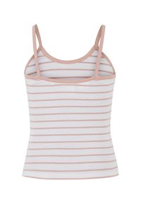 White ribbed tank top with thin pink horizontal stripes and pink trim on the neckline and double spaghetti straps.