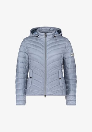 Veste matelassée bleu clair avec capuche, dotée d'un design matelassé, d'une fermeture éclair frontale et de deux poches latérales avec boutons-pression.