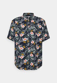 Korte mouwen shirt in donker marineblauw met een bloemenpatroon met witte en rode bloemen, gele accenten en groene bladeren; met knoopsluiting.