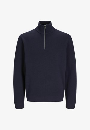 Marineblauer Pullover mit Reißverschluss aus strukturiertem Strickstoff. Mit langen Ärmeln und einem taillierten Schnitt, ergänzt durch einen silbernen Reißverschluss.