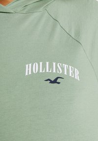 Zelená mikina s kapucí vyrobená z měkké tkaniny, na které je bíle napsáno slovo "HOLLISTER" a je zde tmavě modré logo ptáka. Obsahuje kapuci a raglánové rukávy.