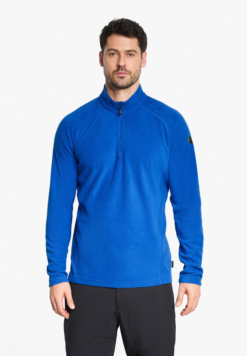 Blauer Fleece-Pullover mit Stehkragen, langen Ärmeln und einer taillierten Passform. Hat eine strukturierte Oberfläche und ein Logo auf dem linken Arm.