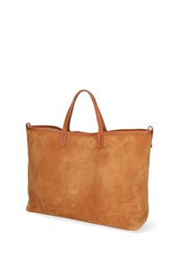 Borsa a tote in suede beige con manici in pelle liscia. Forma squadrata con un design minimalista e una texture morbida. Nessun hardware o motivo visibile.