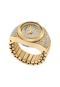 Goldfarbene Uhr mit rundem Gehäuse, funkelfreien Kristallverzierungen und einem Gliederarmband. Verfügt über ein minimalistisches Zifferblatt und eine Krone.