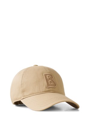 Beige baseballkasket med buet skygge og broderet bogstav "B" på forsiden, vist på en hvid baggrund.