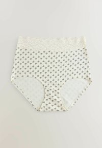 Culotte taille haute blanche avec petits motifs de palmiers noirs et une large ceinture en dentelle blanche, posée à plat sur un fond neutre.