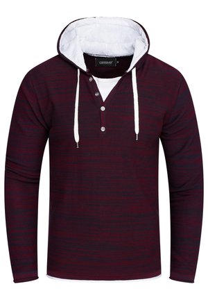 Bordeaux gestreifter Langarm-Hoodie mit einer weißen Innenseite, versehen mit einem knöpfbaren V-Ausschnitt, verstellbaren Kordeln und einer glatten Textur.