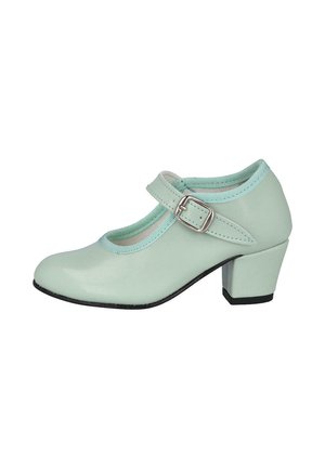 Zapato Mary Jane verde claro con hebilla cuadrada y tacón bajo tipo bloque, mostrado de perfil sobre un fondo blanco.