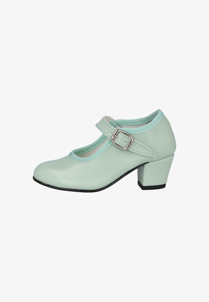 Zapato Mary Jane verde claro con hebilla cuadrada y tacón bajo tipo bloque, mostrado de perfil sobre un fondo blanco.
