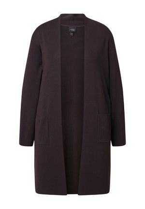Langer, dunkelbrauner Cardigan mit offener Vorderseite, langen Ärmeln und zwei aufgesetzten Taschen, aus Strickstoff gefertigt.