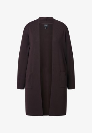 Lang donkerbruin open voorkardigan met lange mouwen en twee voorste zakken, gemaakt van gebreide stof.