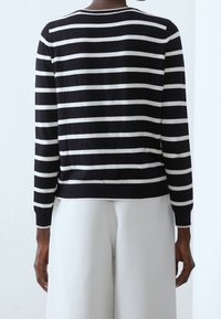 Černobílý pruhovaný svetr s dlouhými rukávy, kulatým výstřihem a žebrovaným lemem. Jemná textura a přiléhavý střih, pohled zezadu.
