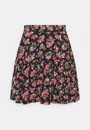 Jupe noire à motifs floraux roses, bleus et verts, avec une taille cintrée et un ourlet légèrement évasé et froncé.