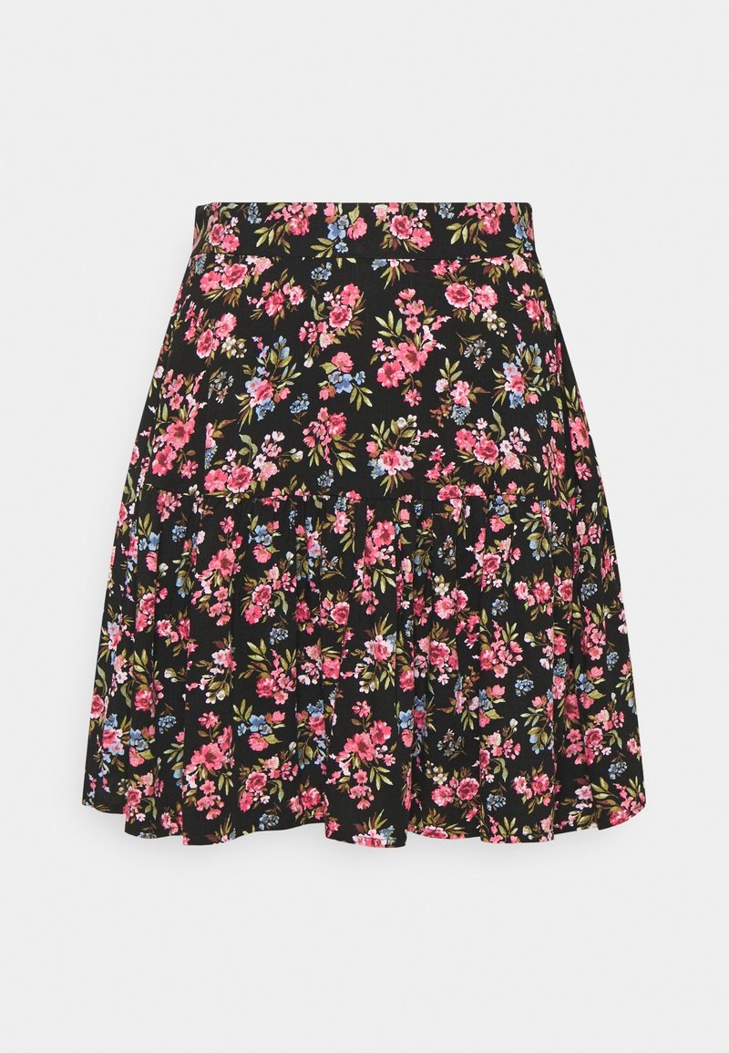 Jupe noire à motifs floraux roses, bleus et verts, avec une taille cintrée et un ourlet légèrement évasé et froncé.