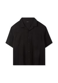 Camicia nera a maniche corte con bottoni, realizzata in tessuto liscio; presenta colletto alla francese e sette bottoni frontali per la chiusura.