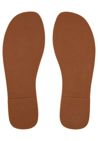 Brown rubber shoe insoles featuring a textured surface and rounded edges. The design includes a central groove for flexibility.