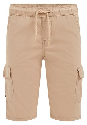 Beige knielange Cargo-Shorts mit elastischem Bund, Kordelzug und Klappentaschen an jeder Seite.