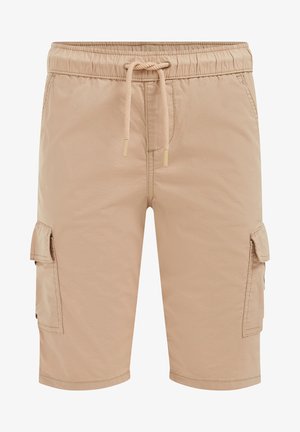Beige cargo-knælange shorts med elastisk talje, snøre-lukning og klaplommer på hver side.