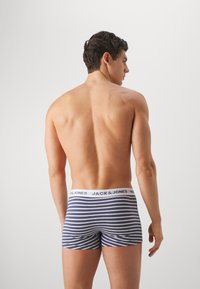 Boxer shorts a righe blu navy e bianche con una vita bianca che presenta il nome del marchio. Il tessuto sembra liscio e aderente.