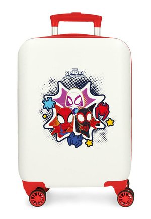 Maleta rígida blanca y roja con personajes de dibujos animados de Spidey Amazing Friends y gráficos coloridos de arañas y estrellas en la parte frontal.