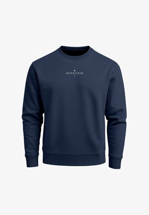 Marineblaue Sweatshirt aus weichem Stoff, mit Rundhalsausschnitt und gerippten Bündchen. Der aufgedruckte Text lautet "NEVERLESS" in Weiß.