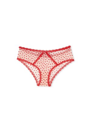 Red lace-trimmed women's underwear with sheer fabric and small red heart patterns, featuring a small bow at the waistband center.
