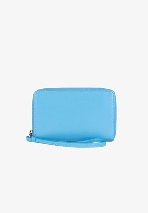 Blue leather wallet with a smooth texture, zip closure, and a wrist strap for easy handling. Features subtle branding on the front.