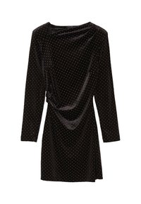 Robe en velours noir à manches longues, avec un motif à pois dorés et un détail drapé sur le devant. Texture lisse et silhouette décontractée.