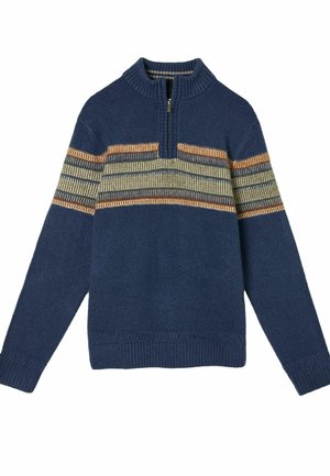 Blauer Strickpullover mit einem halben Reißverschluss am Kragen und horizontalen Streifen in Beige, Oliv und Rost. Verfügt über einen gerippten Kragen und Bündchen.