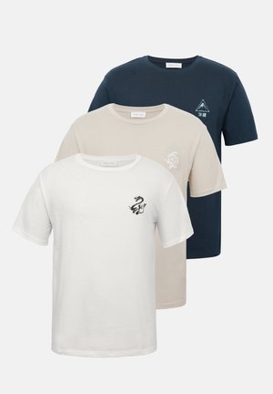 Pier One by Zalando, 3 PACK - Μπλουζάκι με στάμπα - dark blue/white/sand