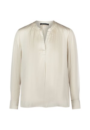 Crèmewitte blouse met lange mouwen, een verzamelde halslijn en een diepe V-spleet, met knoopsluiting bij de manchetten en een zachte, gladde stoftextuur.