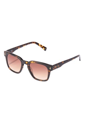 Ochelari de soare din materiale tortoiseshell, cu lentile pătrate, nuanță maro gradient și accente aurii pe brațe. Ramă din plastic ușoară.