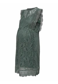 Grünes Spitzen-Maternity-Kleid mit gewellten Ärmeln und Saum, eleganten Blumenmustern, rundem Halsausschnitt und lockerem Schnitt.