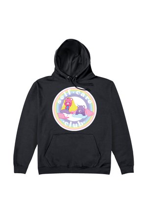 Czarny hoodie z kieszenią z przodu, z okrągłą grafiką przedstawiającą kreskówkowe niedźwiedzie, z napisem "klub dbania o siebie" oraz tęczowymi akcentami.