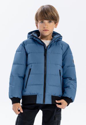 Padded blue jacket with a hood, featuring a zipper front, black accents, and side pockets. Smooth texture and quilted design.