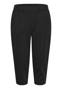 Černé kalhoty na míru s rovným předním dílem, dvěma sklady, bočními kapsami a elastickými manžetami. Vyrobené z hladké látky, navržené pro pohodlí.