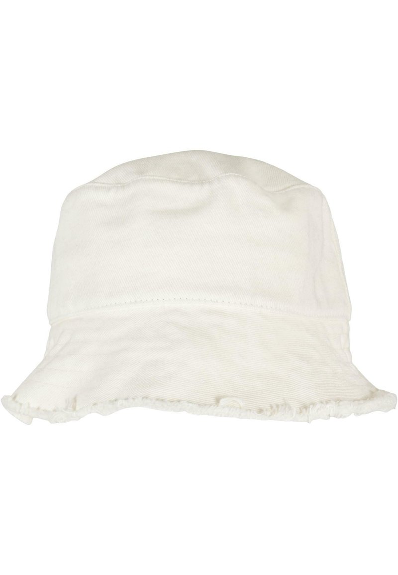 Pălărie albastră din bumbac cu bor franjurat, textură moale și coroană rotundă. Prezintă un design simplu, neornat.