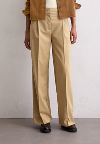 Beige wijde broek met een gladde textuur, voorzien van voorplooien, een hoge taille en een op maat gemaakte pasvorm, gecombineerd met donkere schoenen.
