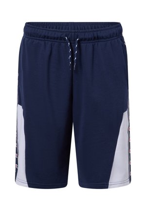 Pantalones cortos deportivos azul marino con cintura elástica, paneles laterales blancos y ribete con estampado de logotipos a lo largo de los lados.