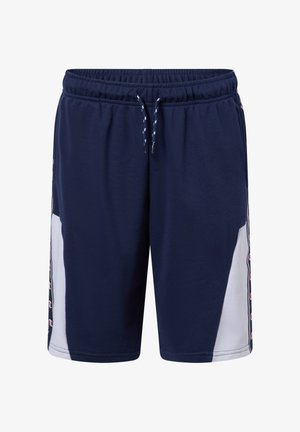 Pantaloncini sportivi blu navy con fascia elastica in vita, pannelli laterali bianchi e rifiniture a motivo logo lungo i lati.