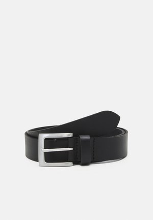 Black leather belt with a smooth texture, silver rectangular buckle, and a loop for the end. Features neat stitching along the edges.