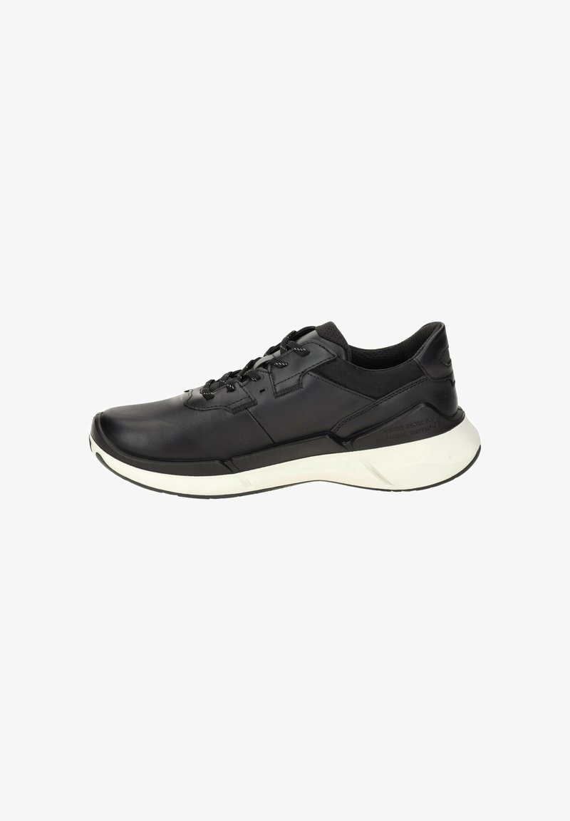 Black athletic shoes with a smooth leather upper, lace-up design, and a white, textured rubber sole. Features padded collar and contrasting accents.