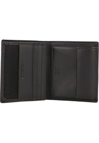 Black leather wallet with multiple card slots, RFID protection, and a smooth texture. Interior features a sleek, minimalist design.