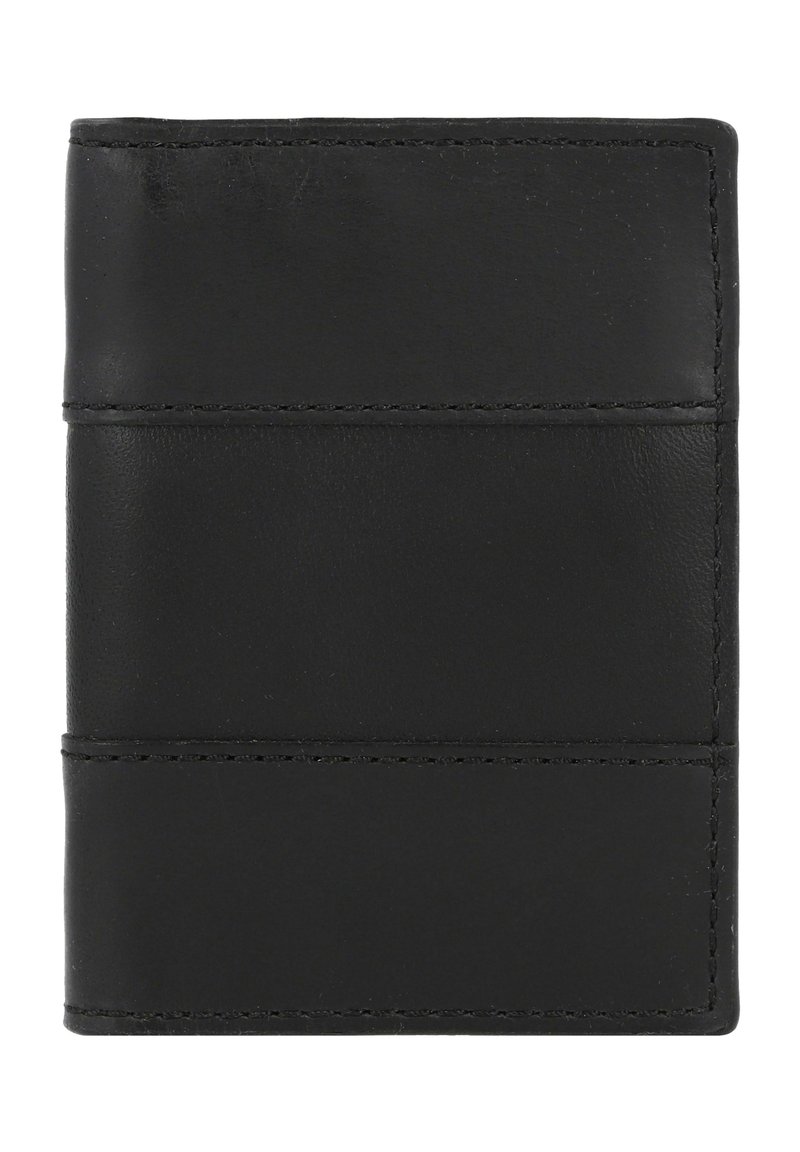 Portafoglio in pelle nera con texture liscia, dotato di due slot per carte orizzontali e cuciture visibili lungo i bordi. Design compatto.