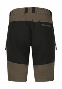 Flerfickshorts med en svart övre del och en olivgrön nedre panel, resårmidja och sidodragkedjor för ökad funktionalitet.