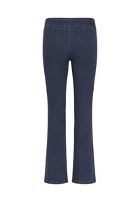 Donkerblauwe spijkerbroek met flared pijpen en een gladde textuur, voorzien van een middelhoog gewaist, achterzakken en gestikte zoomdetails.
