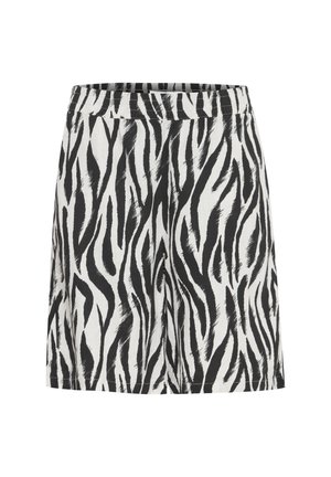 Mustvalge sebrariigiga lühikesed püksid, mis on valmistatud kergest kangast, elastse vöökoha ja vabalt langeva lõikega.