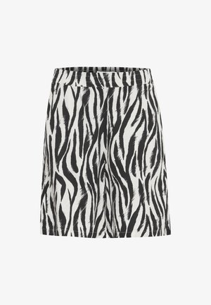 Valko-mustat seepraraidalliset shortsit, jotka on valmistettu kevyestä kankaasta, jossa on joustava vyötärö ja rento malli.